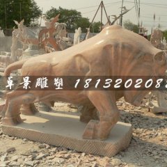石雕牛，晚霞紅牛雕塑，晚霞紅石頭牛雕塑