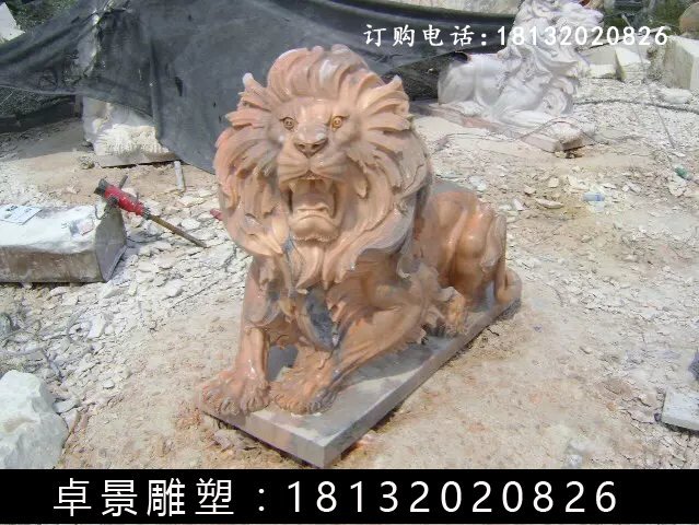 西洋獅石雕，晚霞紅西洋獅雕塑 (4)