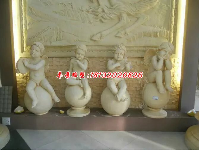 小天使石雕，漢白玉西方小孩雕塑
