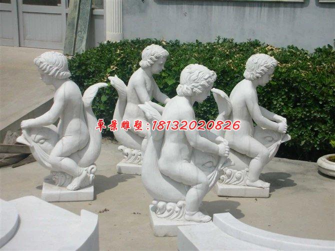 漢白玉人物雕塑，小孩騎魚(yú)石雕