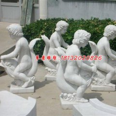 漢白玉人物雕塑，小孩騎魚石雕