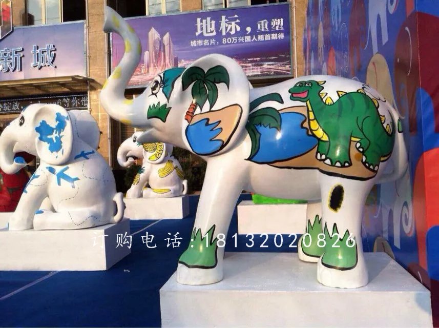 玻璃鋼大象，玻璃鋼彩繪動物雕塑