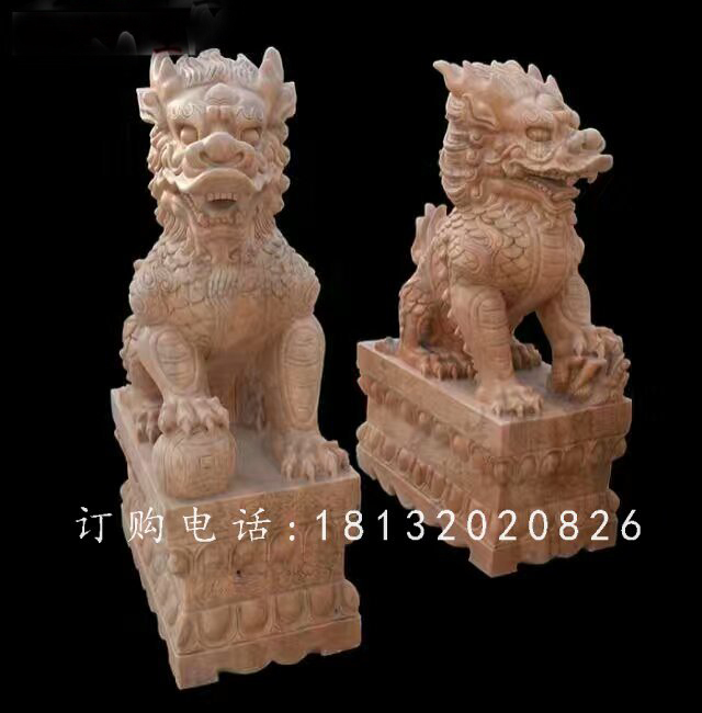 踩球麒麟石雕，晚霞紅麒麟雕塑 (2)