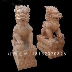 踩球麒麟石雕，晚霞紅麒麟雕塑