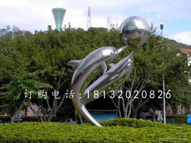 海豚頂球雕塑，公園不銹鋼雕塑