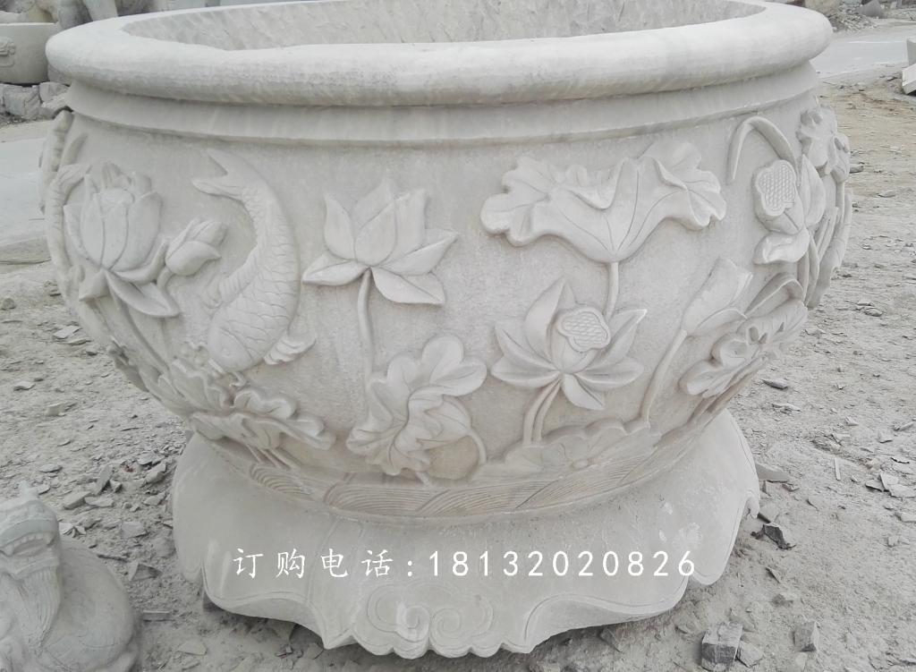 荷花與鳥花盆雕塑，水缸石雕 (1)