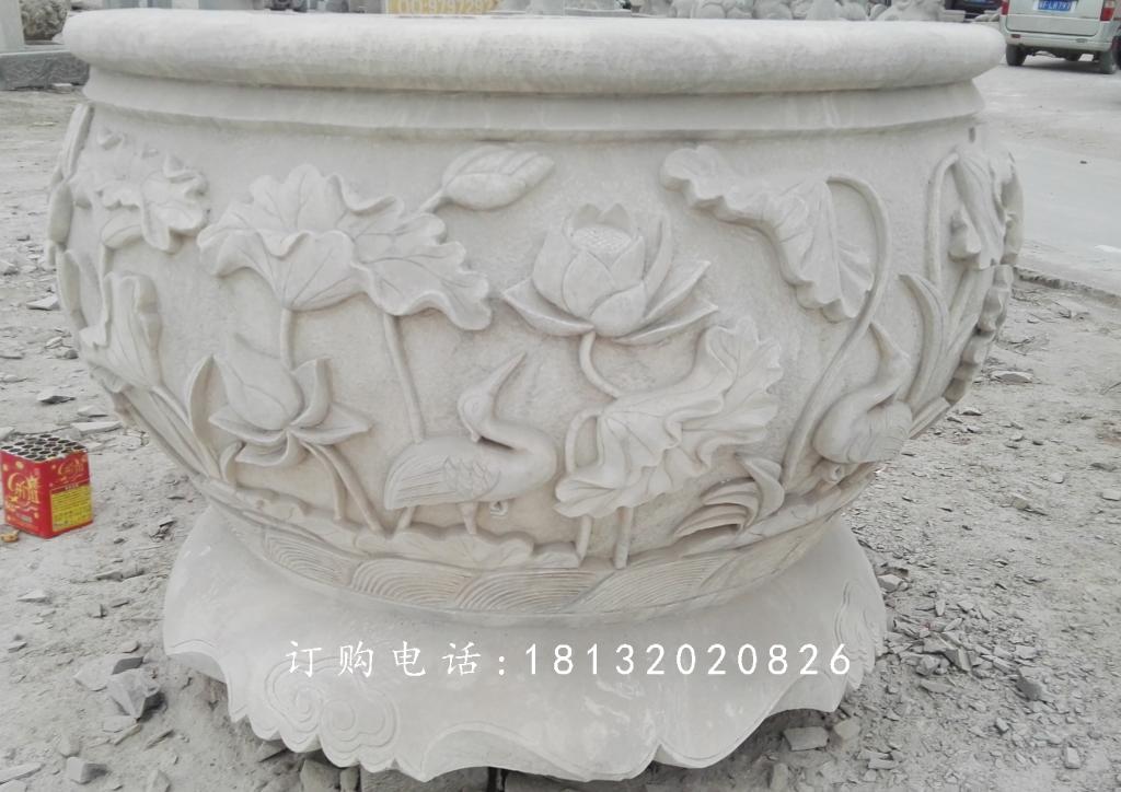 荷花與鳥花盆雕塑，水缸石雕 (2)