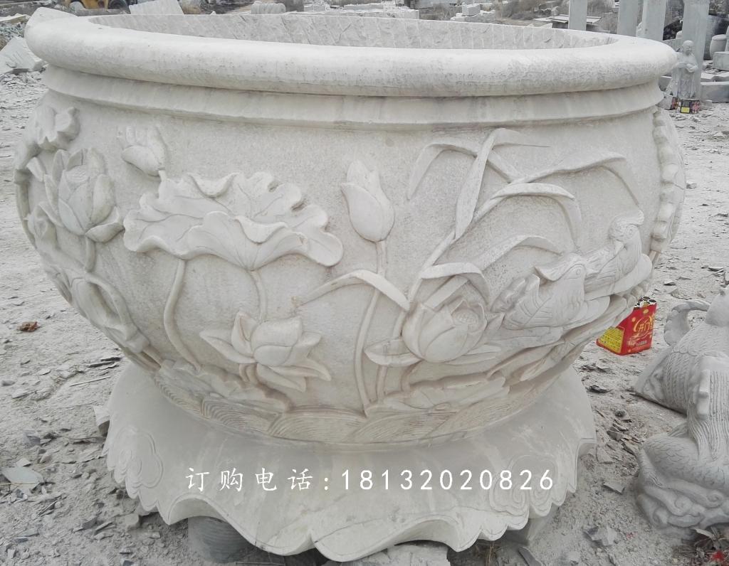 荷花與鳥花盆雕塑，水缸石雕 (3)