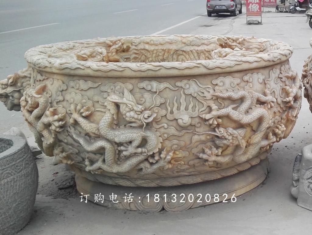 晚霞紅水缸石雕，龍浮雕水缸 (2)