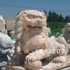 獅子滾繡球石雕，晚霞紅獅子雕塑