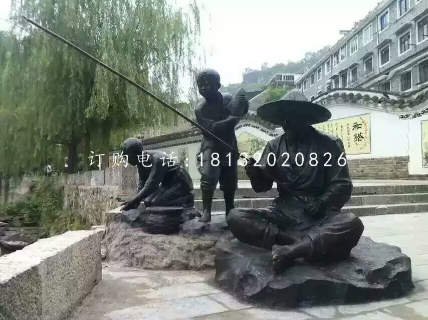 老人小孩垂釣銅雕，公園人物雕塑