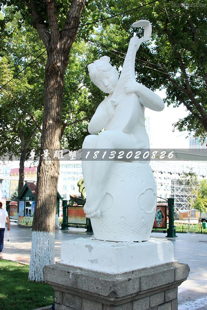 小女孩彈琵琶石雕，公園景觀石雕 (2)