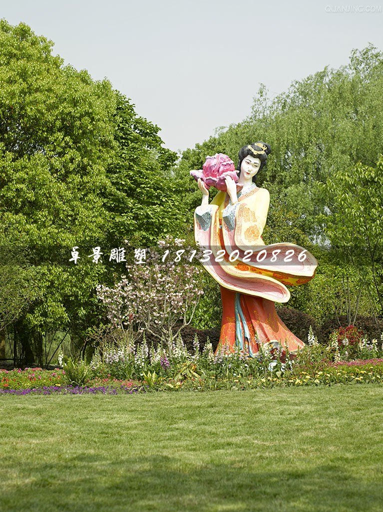 古代美女采花雕塑，玻璃鋼仿真人物雕塑