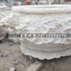 大理石水缸，龍戲珠石浮雕水缸