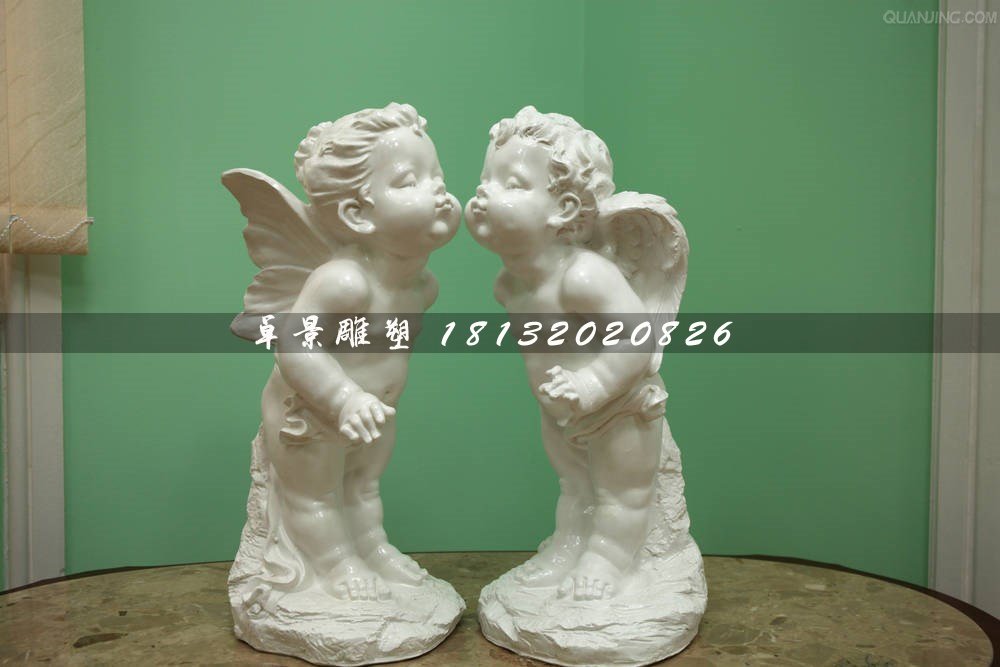 親吻小天使石雕，漢白玉小孩石雕