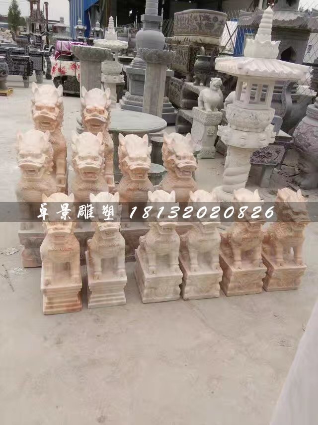 小型麒麟石雕，晚霞紅麒麟雕塑 (1)