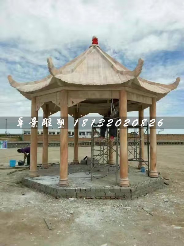 晚霞紅八角涼亭，公園石涼亭