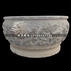 龍浮雕水缸，青石水缸