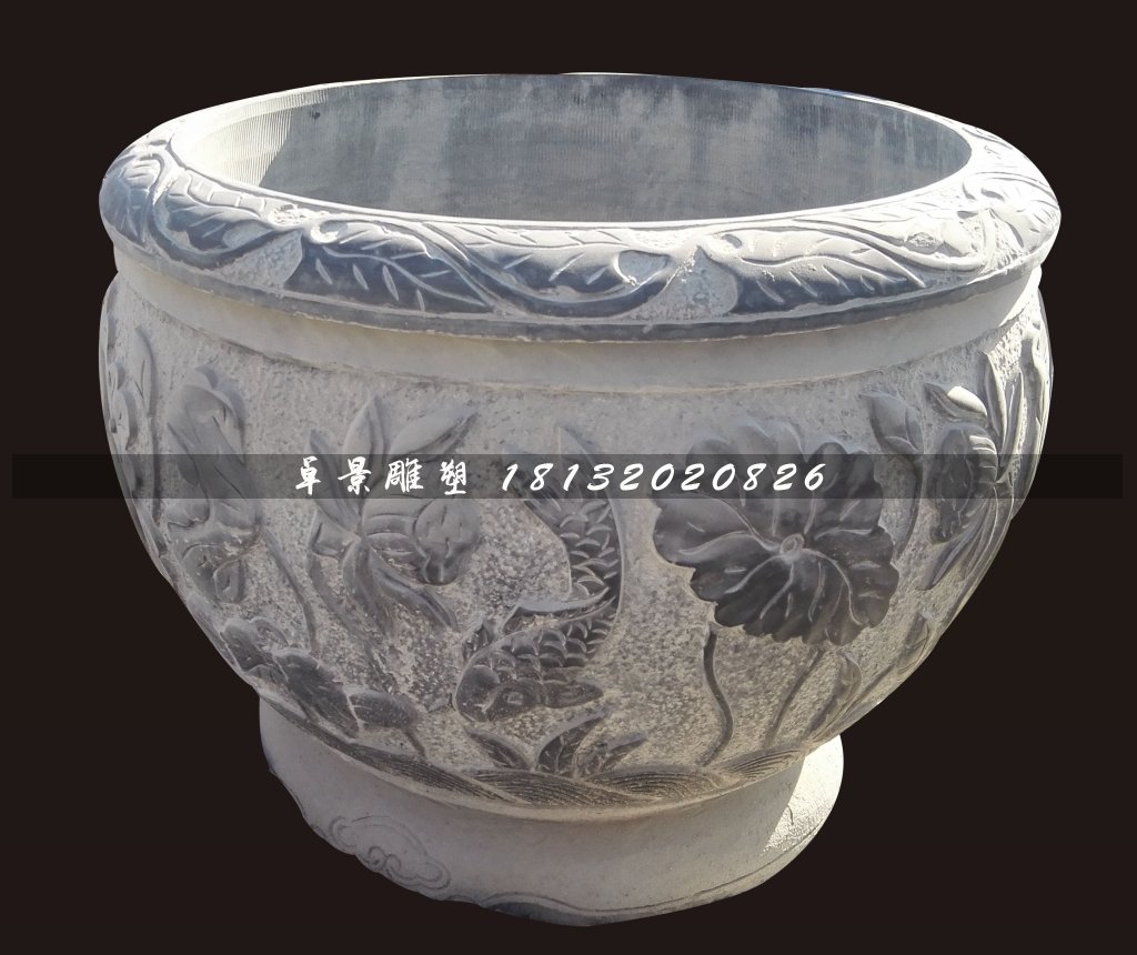 青石荷花魚水盆，仿古石水缸 (3)