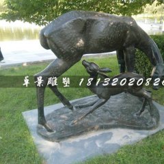 母子鹿銅雕，公園動物銅雕