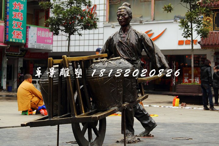 獨(dú)輪車銅雕，街頭古代人物雕塑