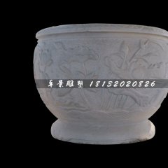 荷花浮雕水缸，圓形水缸雕塑
