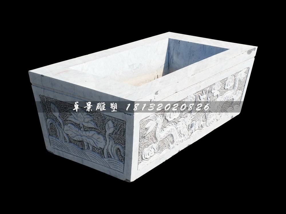 雙龍戲珠石浮雕水缸，方形水缸石雕 (2)