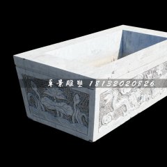 雙龍戲珠石浮雕水缸，方形水缸石雕