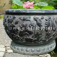 石水缸，荷花魚浮雕水缸