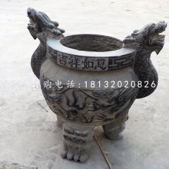 三足香爐石雕，青石圓形香爐