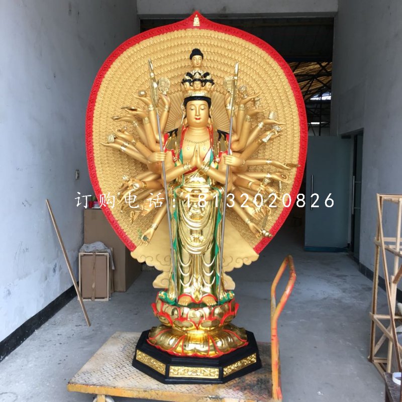貼金千手觀音，玻璃鋼立式佛像