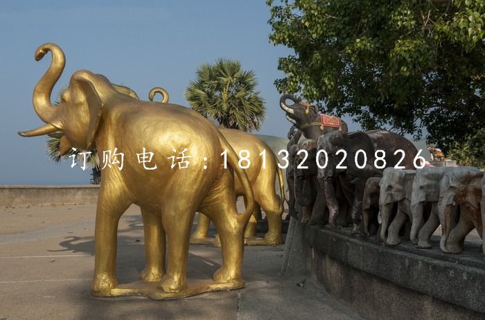 玻璃鋼金色大象，廣場動物雕塑