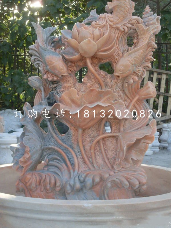 鯉魚(yú)荷花石雕,晚霞紅石雕