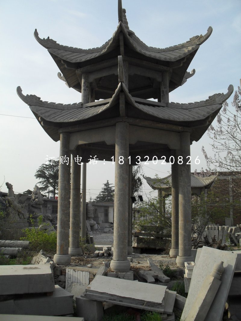 六角涼亭，青石涼亭雕塑