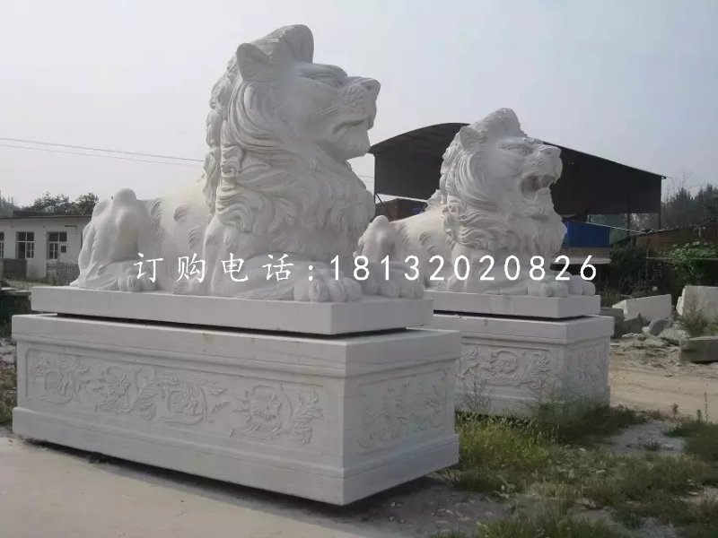 漢白玉西洋獅石雕，趴著的獅子石雕