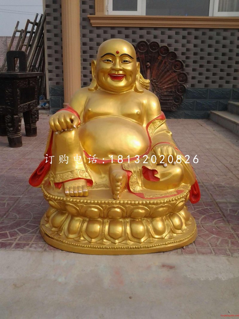 坐式彌勒佛雕塑，銅雕彩繪佛像