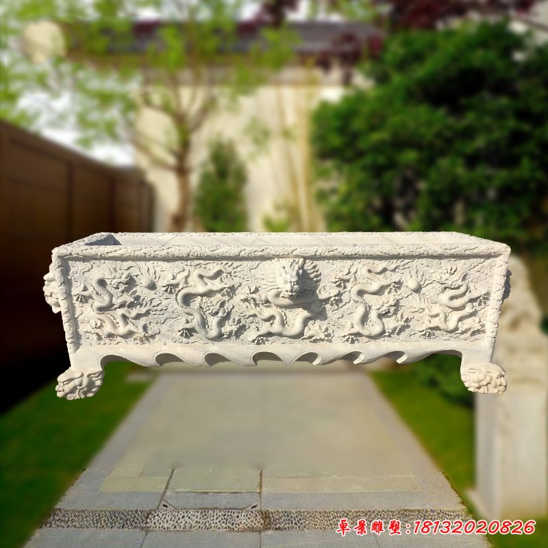 長(zhǎng)形水缸石雕，龍浮雕水缸[1]