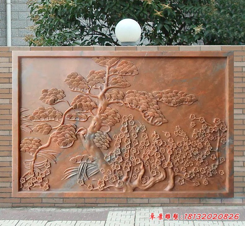 晚霞紅松梅壁畫(huà)浮雕，園林景觀石雕[1]