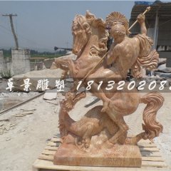 西方人物騎馬石雕，晚霞紅景觀石雕