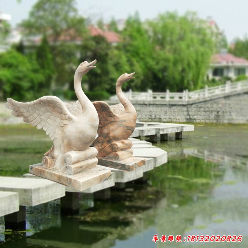 晚霞紅噴水天鵝，公園景觀石雕 (2)