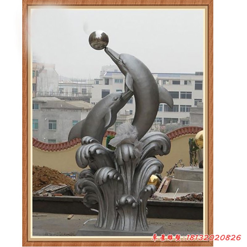 海豚頂球雕塑,公園不銹鋼景觀雕塑