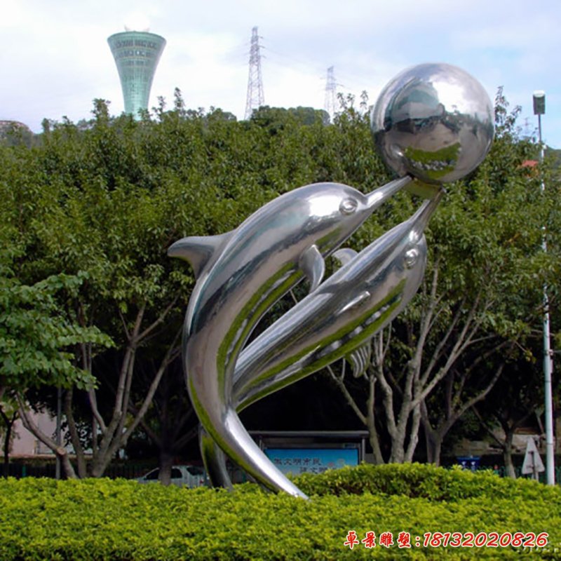 海豚頂球雕塑,公園不銹鋼雕塑